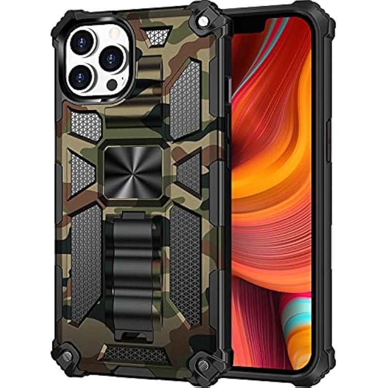 for iPhone 13 Pro Max Camouflage Design Case, Heavy Duty Shockproof Protection Military Grade Built-in Magnetic Kickstand Cover for iPhone 13 Pro Max MC Army Green - Image 1